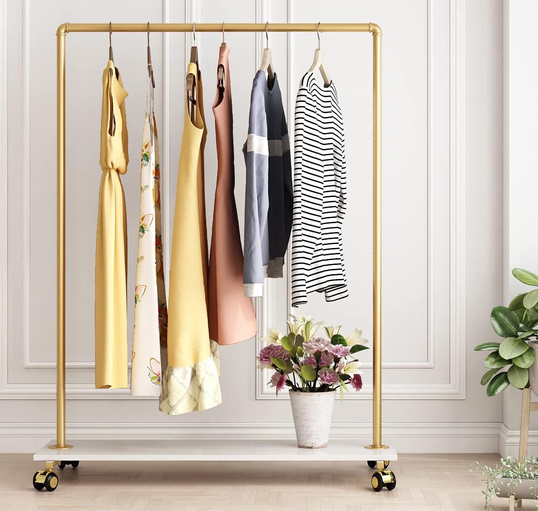 Heavy Duty Clothing Rack with Shelves for Hanging Clothing, Gold Metal Freestanding Garment Rack for Retail Display (47.24" L)