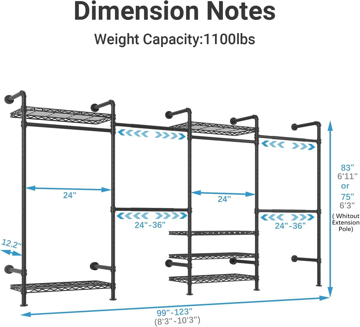 Timate F4 Wall Mounted Clothes Rack Industrial Pipe Clothing Rack for Hanging Clothes, Expandable Garment Rack Heavy Duty Wardrobe Closet Organizer and Storage, Black Adjustable Industrial Closet Kit