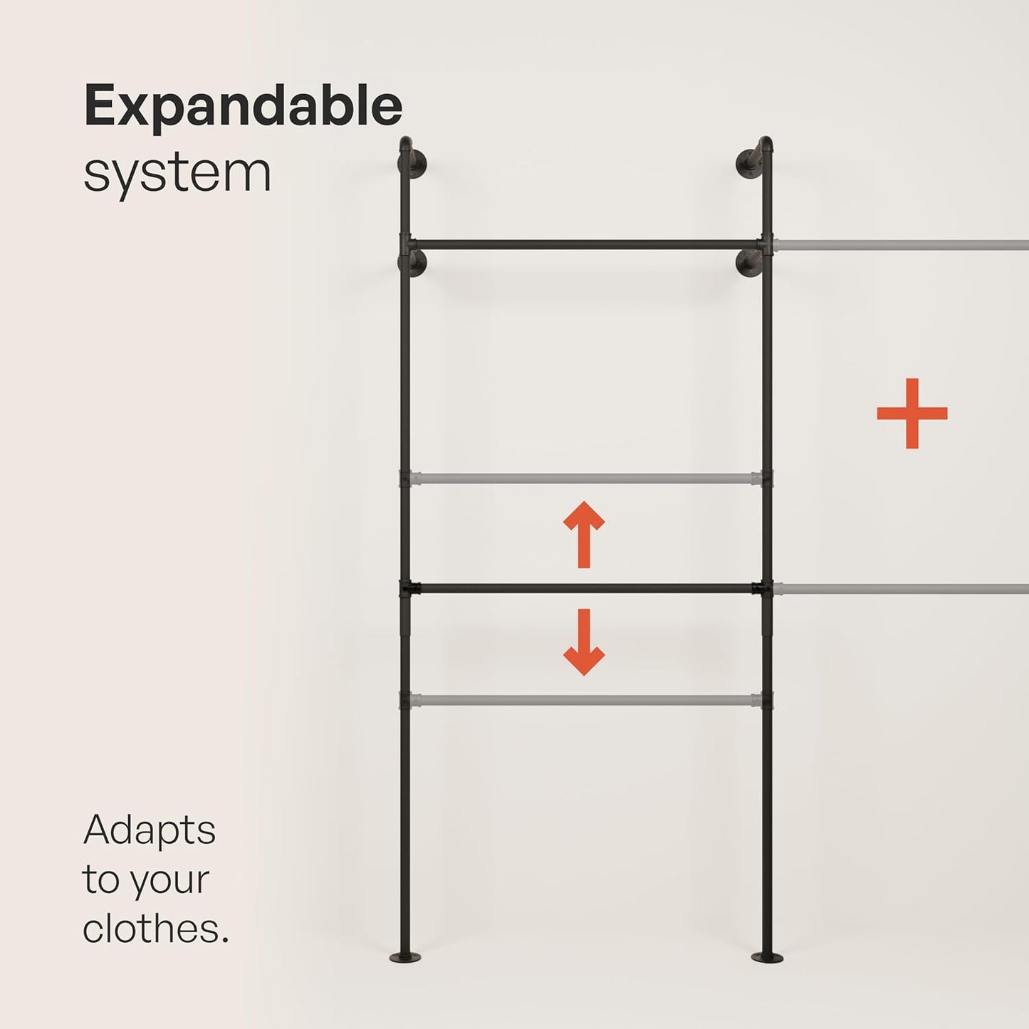 pamo Industrial Pipe Clothing Rack – Wall Mounted Black Closet System in Powder-Coated Steel – 116.54" W × 87.4" H – Easy Setup – Ideal for Walk-In Closets & Retail Use