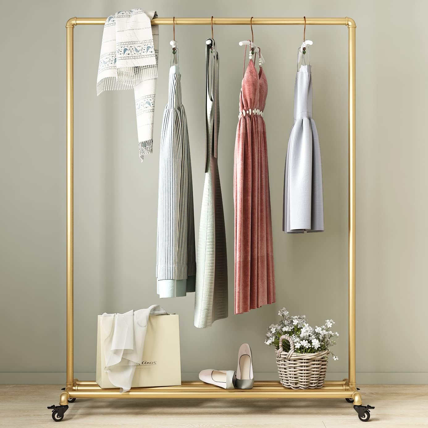 Heavy Duty Clothing Rack with Shelves for Hanging Clothing, Gold Metal Freestanding Garment Rack for Retail Display (47.24" L)