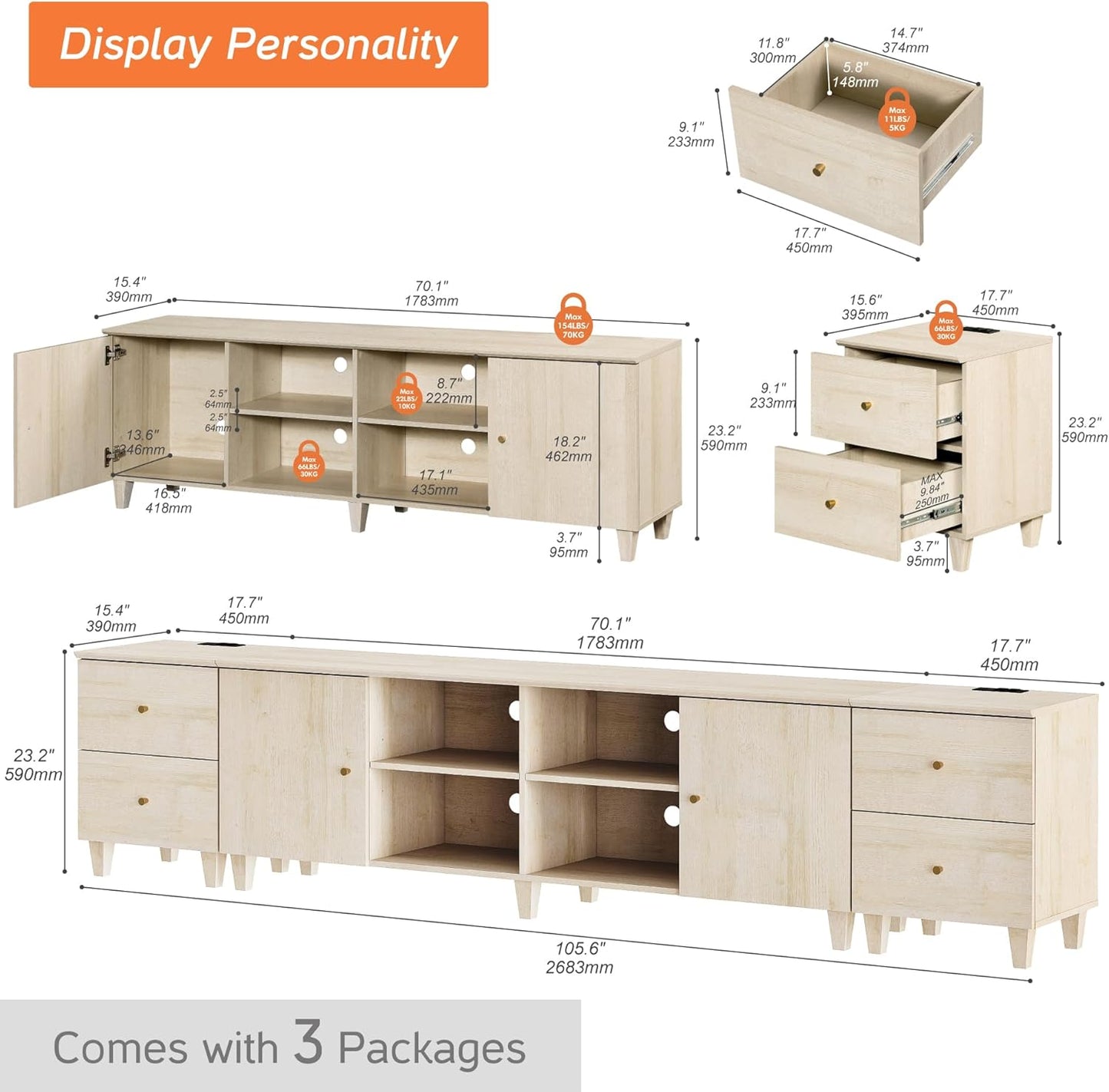 WAMPAT 3-in-1 TV Stand w/Doors&Charging Station, 105" Modern Wood Entertainment Center Media Console for 110+ inch TVs, TV Cabinet w/Shelves&4 Drawers for Living Room, Bedroom, Light Oak