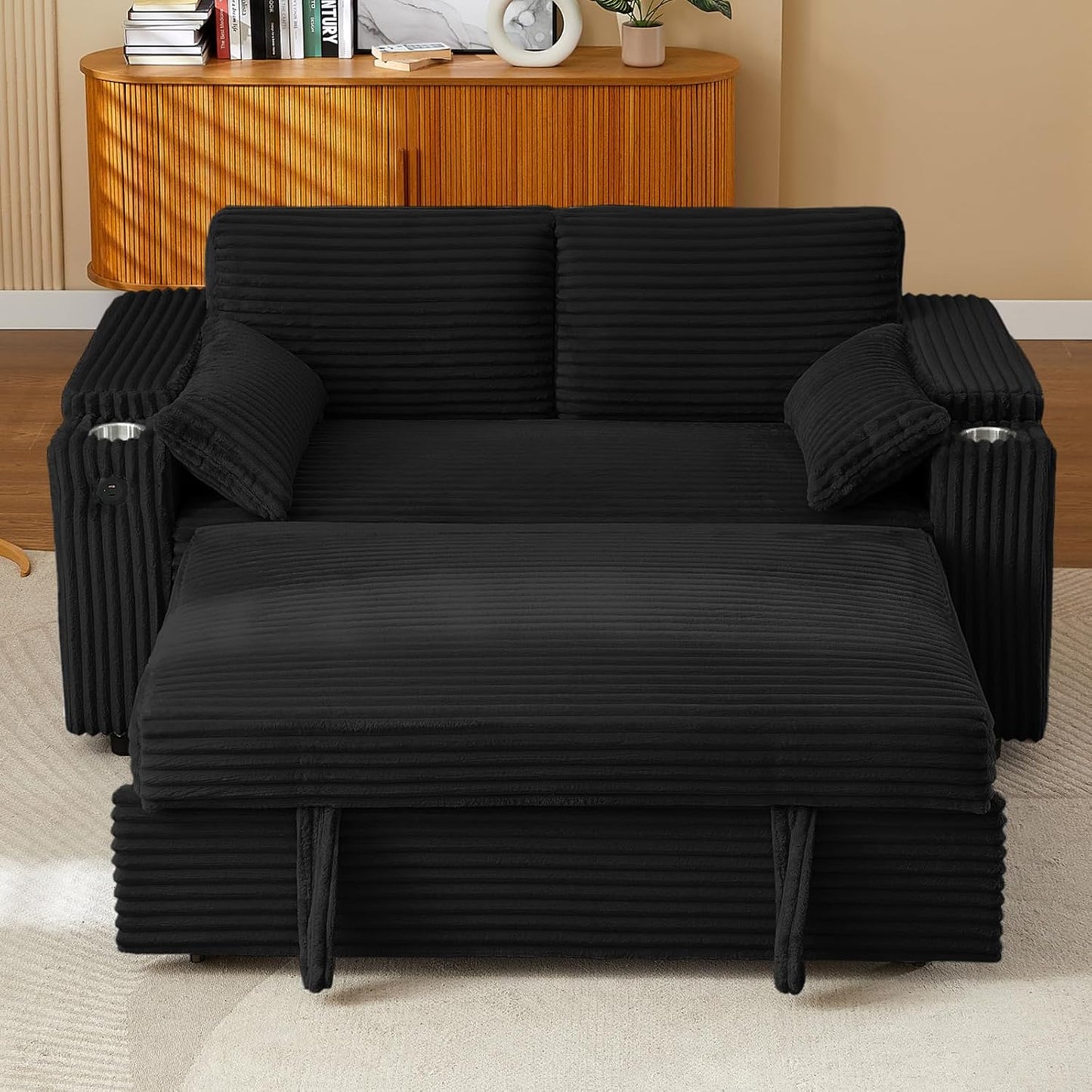 65'' 3-in-1 Folding Convertible Sofa Bed, Pullout Sofa, Modern Chenille Fabric, 360° Swivel Side Table, Easy Assembly, Perfect for Living Room, Black
