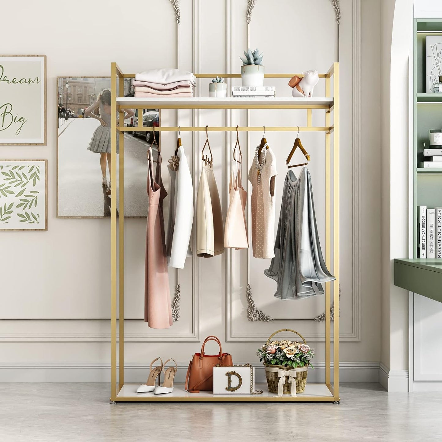Heavy Duty Clothing Rack with Shelves for Hanging Clothing, Gold Metal Freestanding Garment Rack for Retail Display (47.24" L)