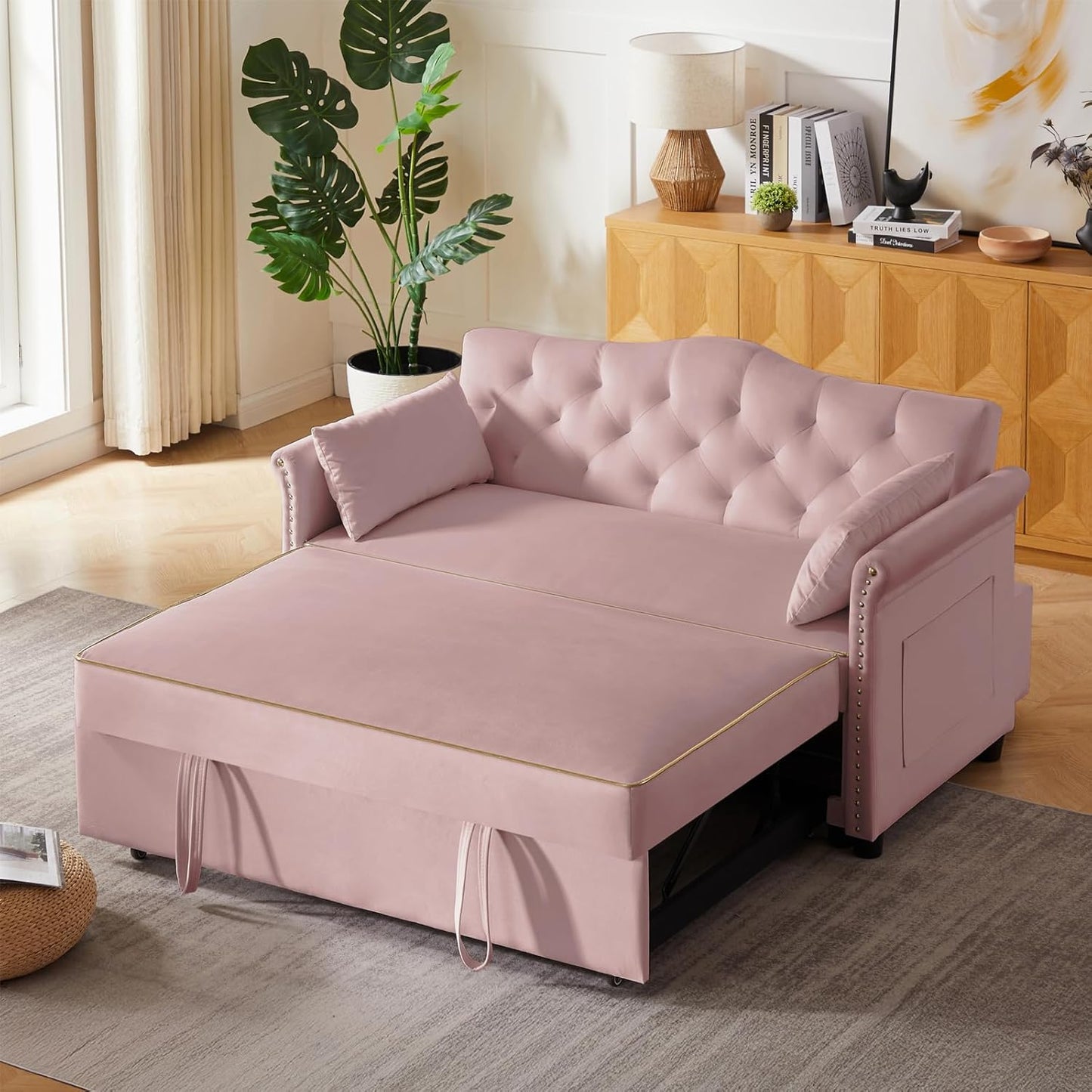 65'' 3-in-1 Folding Convertible Sofa Bed, Pullout Sofa, Modern Chenille Fabric, 360° Swivel Side Table, Easy Assembly, Perfect for Living Room, Black