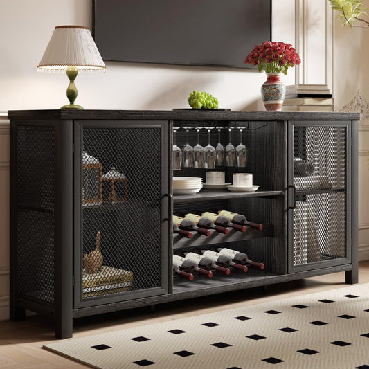 Launica Liquor Bar Cabinet, Industrial Wine Cabinet, Rustic Sideboard Buffet Cabinet for Liquor and Glasses, Coffee Bar Cabinet with Storage Rack for Home Kitchen Dining Room, Dark Grey Oak, 55 in