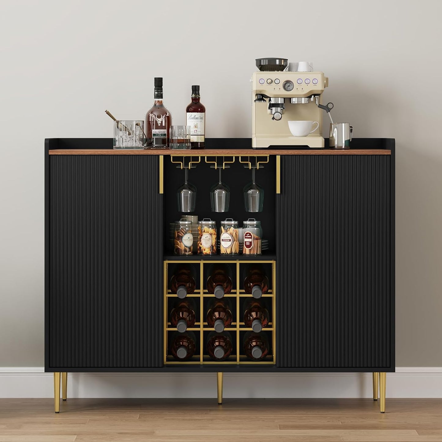 ARTPOWER 48" Wine Bar Cabinet with Fluted Texture, Modern Buffet Sideboard with Wine Rack and Glass Holder, Liquor Coffee Station with Storage for Kitchen, Living Room, Home Bar, Green