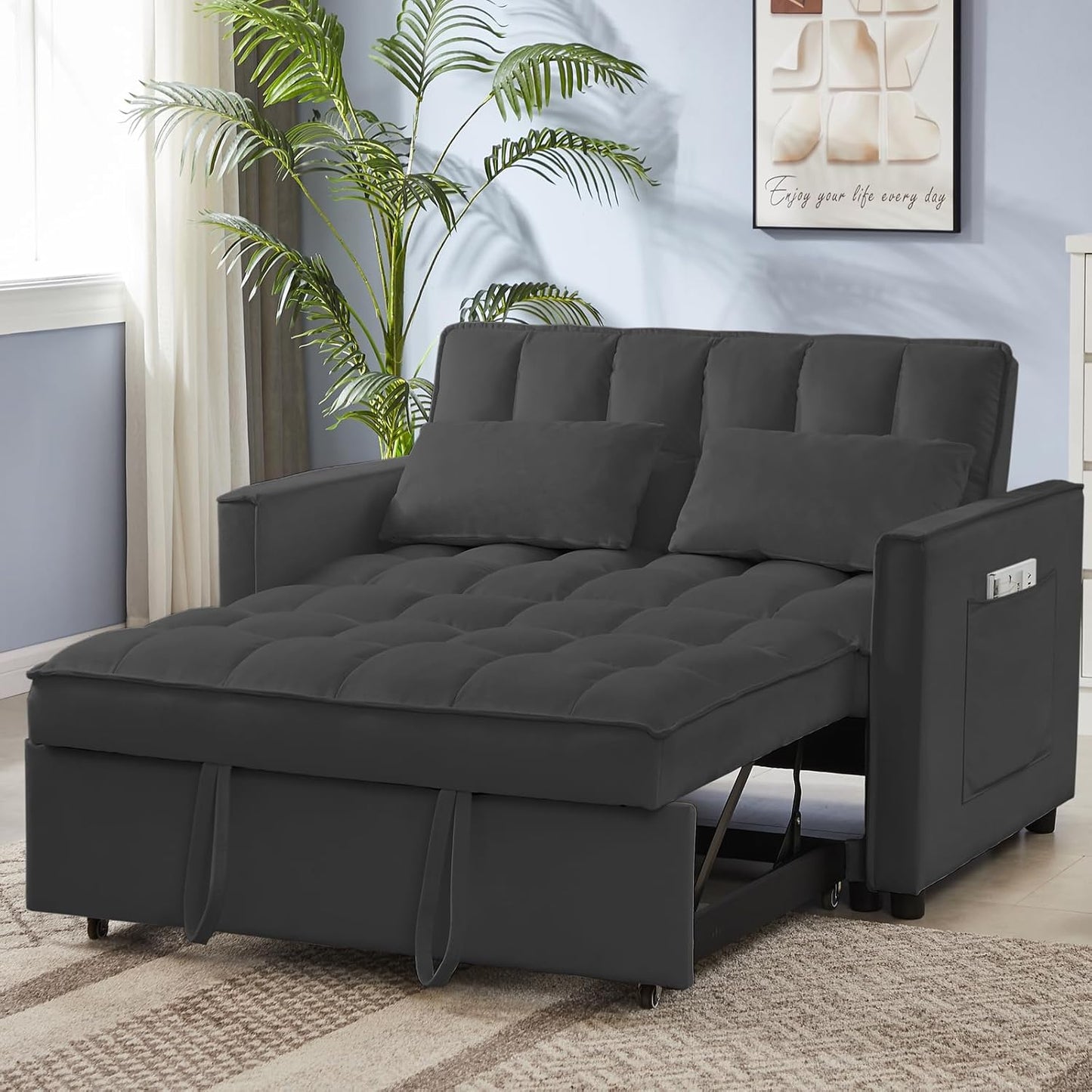65'' 3-in-1 Folding Convertible Sofa Bed, Pullout Sofa, Modern Chenille Fabric, 360° Swivel Side Table, Easy Assembly, Perfect for Living Room, Black