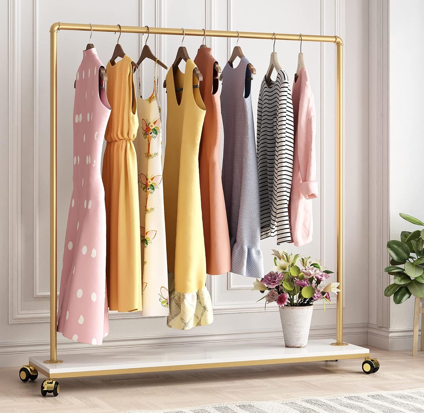 Heavy Duty Clothing Rack with Shelves for Hanging Clothing, Gold Metal Freestanding Garment Rack for Retail Display (47.24" L)