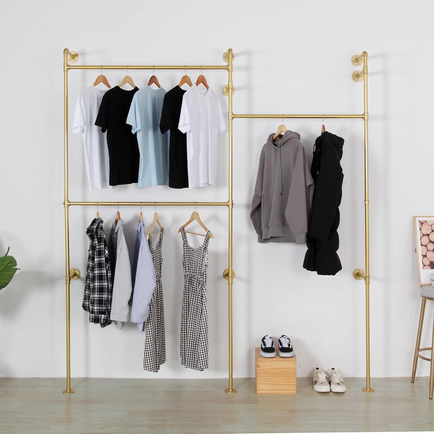 Industrial Pipe Clothes Rack, Heavy Duty Detachable Wall Mounted Black Iron Garment Bar, Clothing Store Display Stands Garment Rack Closet System (125.5 x 93.7inch)