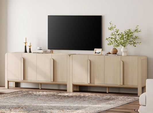 WAMPAT Modern TV Stand for TVs Up to 120 inches, 126" W Farmhouse Entertainment Center with Adjustable Shelf and 4 Doors, Media Console Table TV Cabinet for Living Room, Light Oak