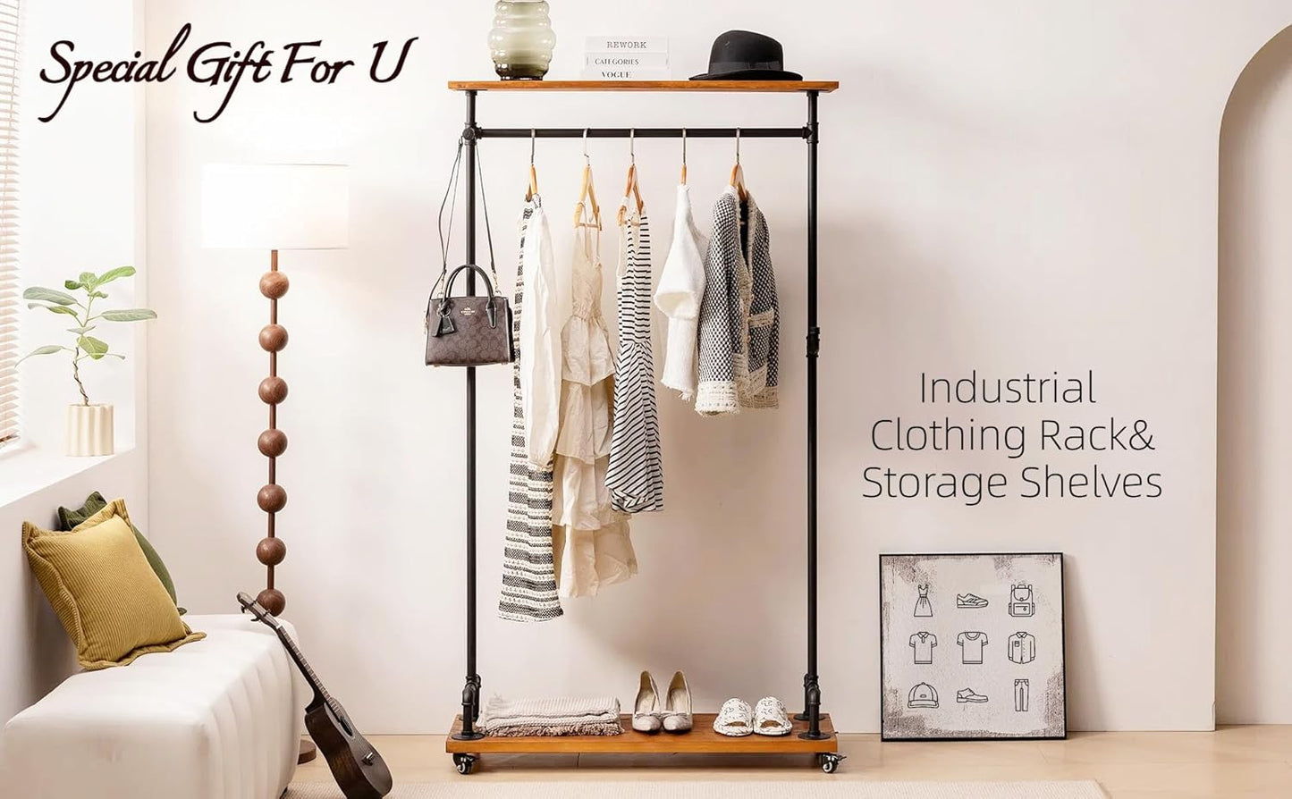 Industrial Pipe Clothing Rack on Wheels, Rolling Iron Garment Racks with Wood Shelves, Commercial Heavy Duty Clothing Racks, Steampunk Clothes Rack Retail (Two Tiers)