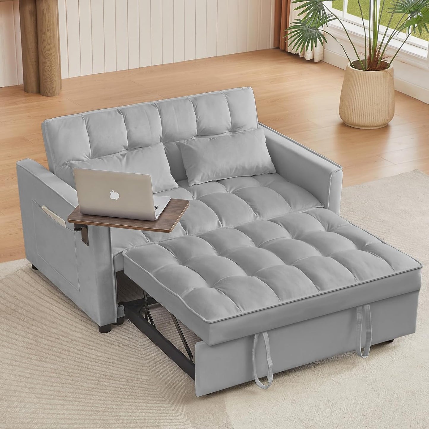65'' 3-in-1 Folding Convertible Sofa Bed, Pullout Sofa, Modern Chenille Fabric, 360° Swivel Side Table, Easy Assembly, Perfect for Living Room, Black
