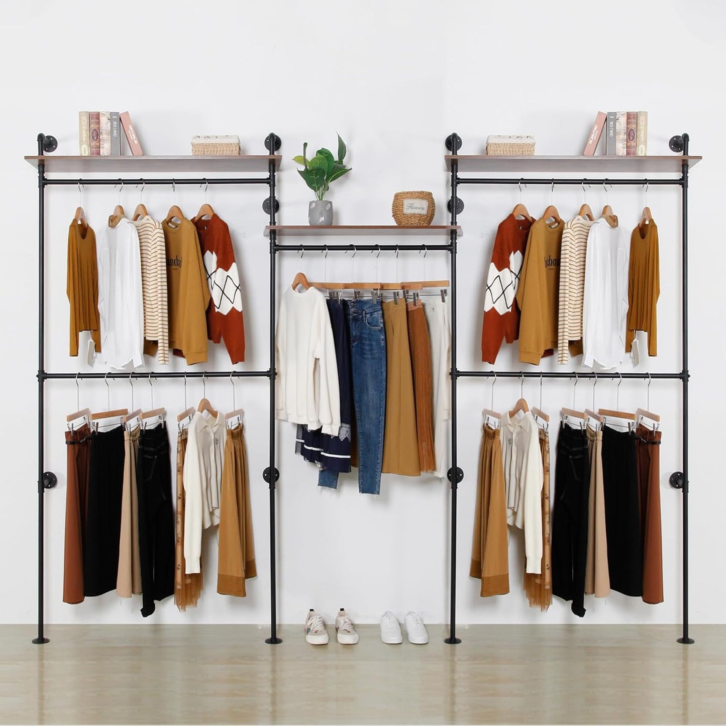 Industrial Pipe Clothes Rack, Heavy Duty Detachable Wall Mounted Black Iron Garment Bar, Clothing Store Display Stands Garment Rack Closet System (125.5 x 93.7inch)