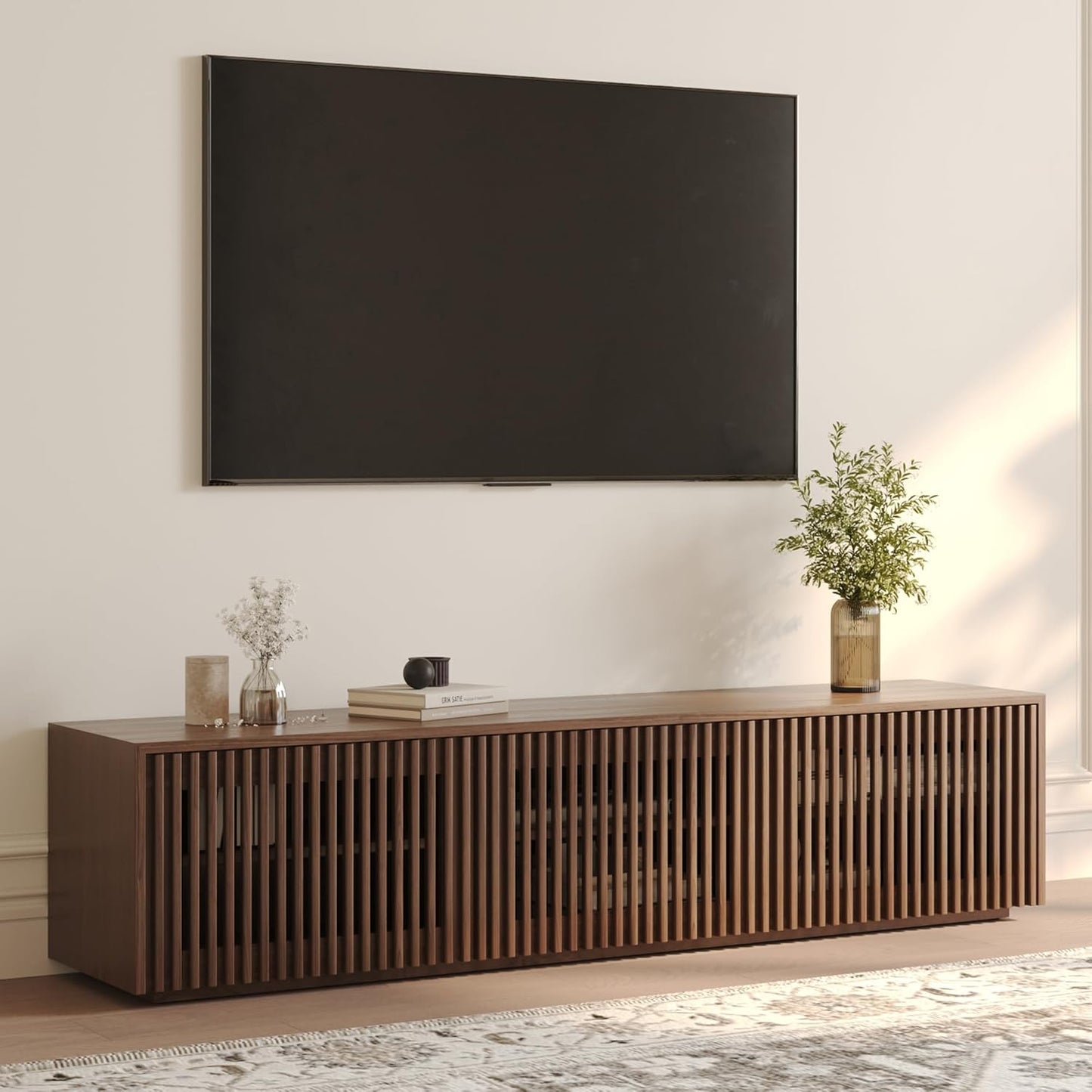 POVISON Full Assembled Mid Century Modern TV Stand, Black Entertainment Center for 65 inch TV, Wood Slatted Media Console with Storage, Low TV Cabinets for Living Room Bedroom, Oak Veneer