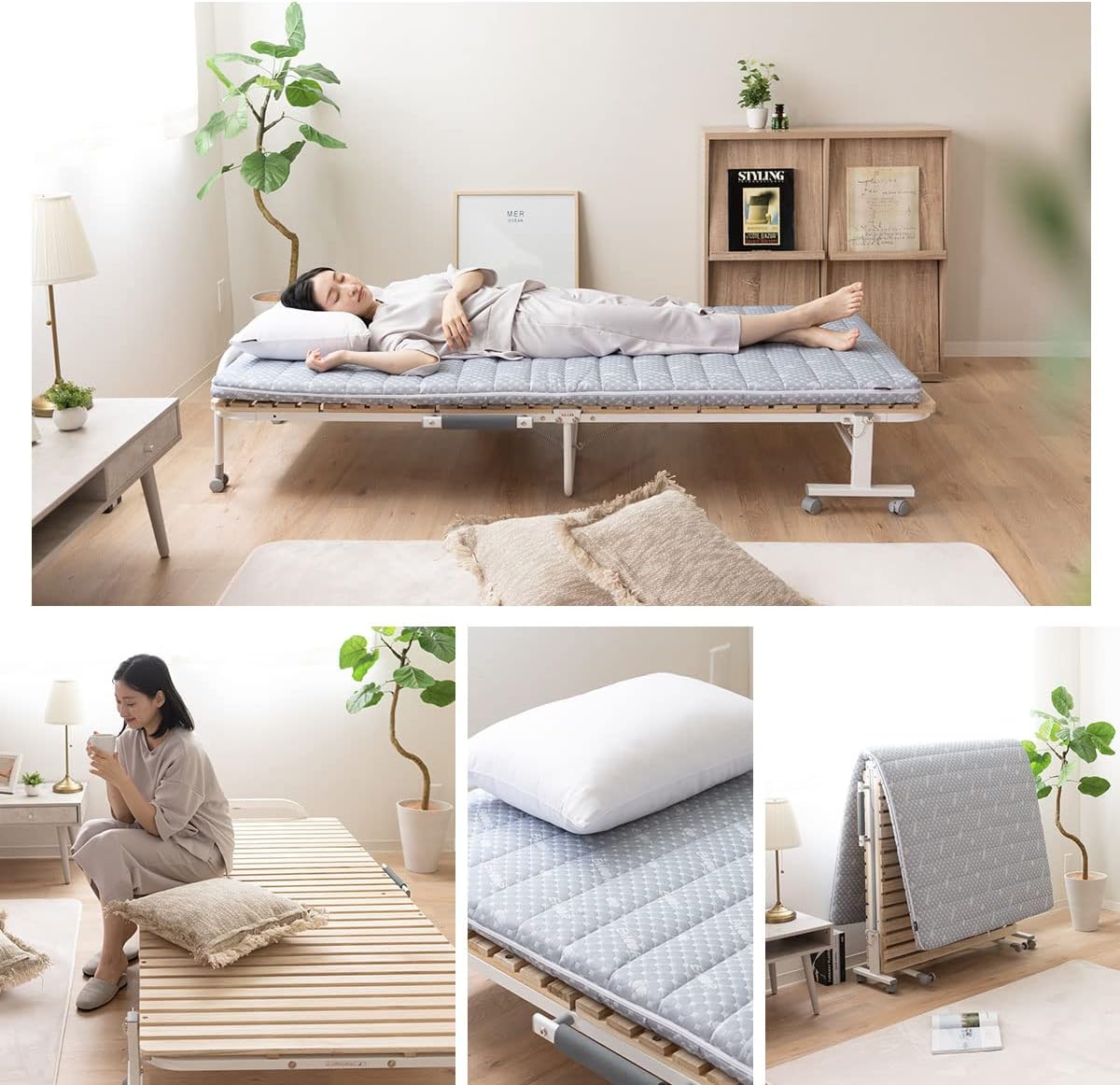 EMOOR Wooden Slatted Folding Bed Frame Twin, Foldable Rollaway Sturdy Paulownia Japanese Futon Mattress Tatami Natural No Box Spring Needed