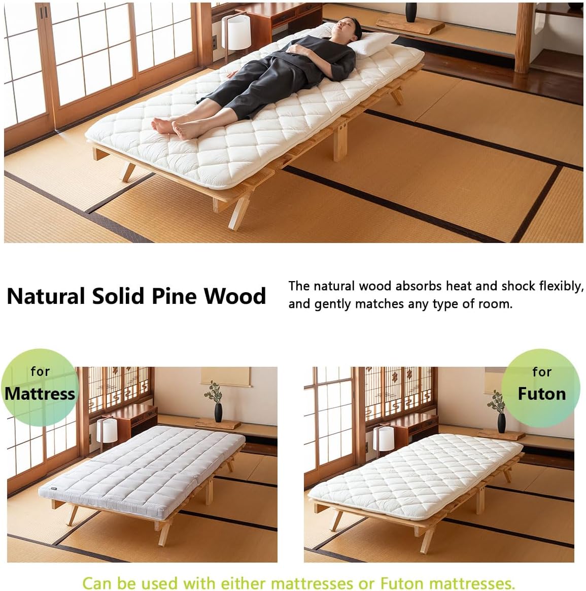 EMOOR Foldable Wood Slatted Floor Bed Frame OSMOS Twin Solid Pine (Earth-Natural), Easy Assembly Space Saving Storable Floor Life Tatami