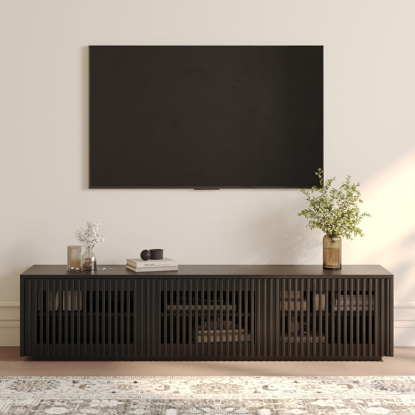 POVISON Full Assembled Mid Century Modern TV Stand, Black Entertainment Center for 65 inch TV, Wood Slatted Media Console with Storage, Low TV Cabinets for Living Room Bedroom, Oak Veneer