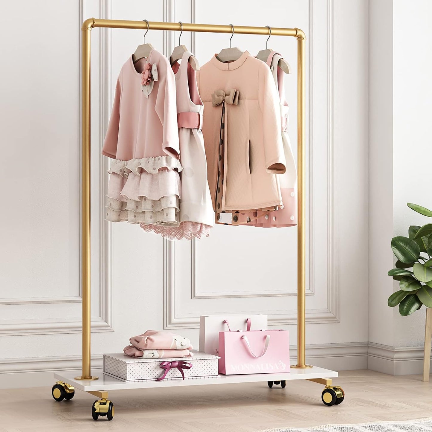 Heavy Duty Clothing Rack with Shelves for Hanging Clothing, Gold Metal Freestanding Garment Rack for Retail Display (47.24" L)