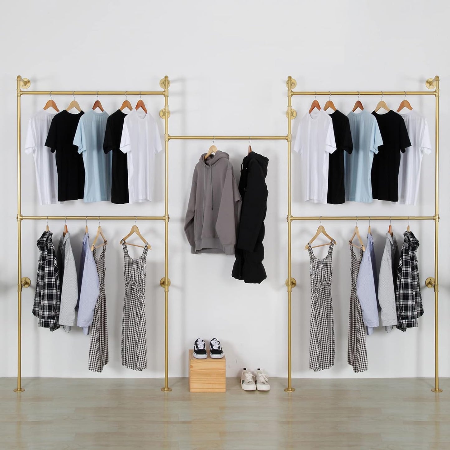 Industrial Pipe Clothes Rack, Heavy Duty Detachable Wall Mounted Black Iron Garment Bar, Clothing Store Display Stands Garment Rack Closet System (125.5 x 93.7inch)