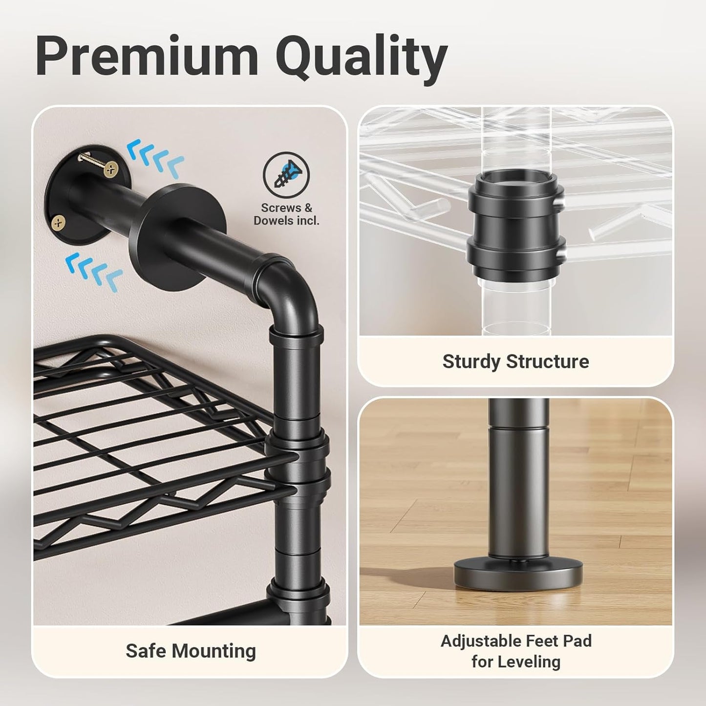 Timate F4 Wall Mounted Clothes Rack Industrial Pipe Clothing Rack for Hanging Clothes, Expandable Garment Rack Heavy Duty Wardrobe Closet Organizer and Storage, Black Adjustable Industrial Closet Kit