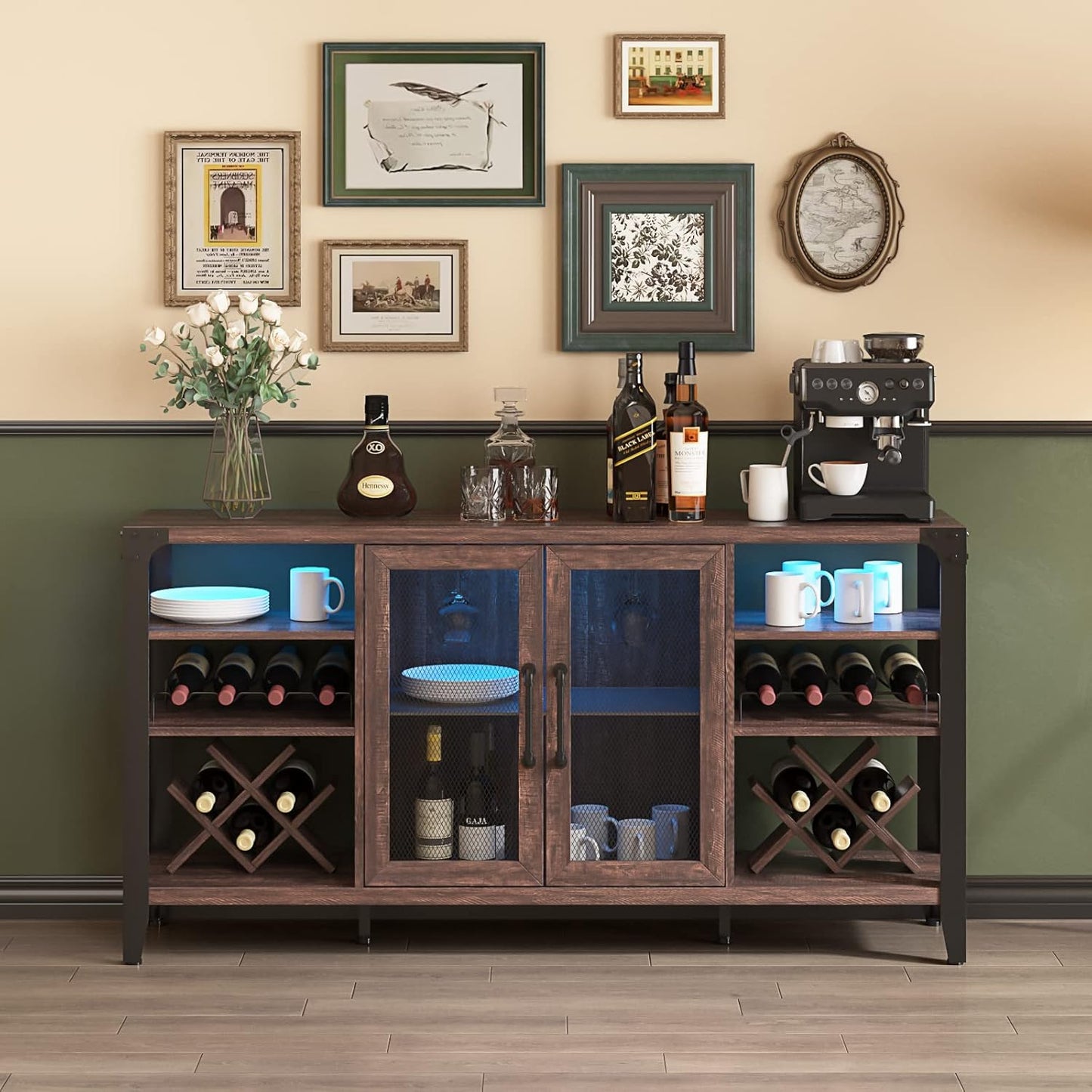 Vabches 58" Wine Cabinet with Wine Rack Storage,Home Bar for Liquor and Glasses, Farmhouse Coffee Bar Cabinet, Liquor Cabinet for Home Living Room Dining Room