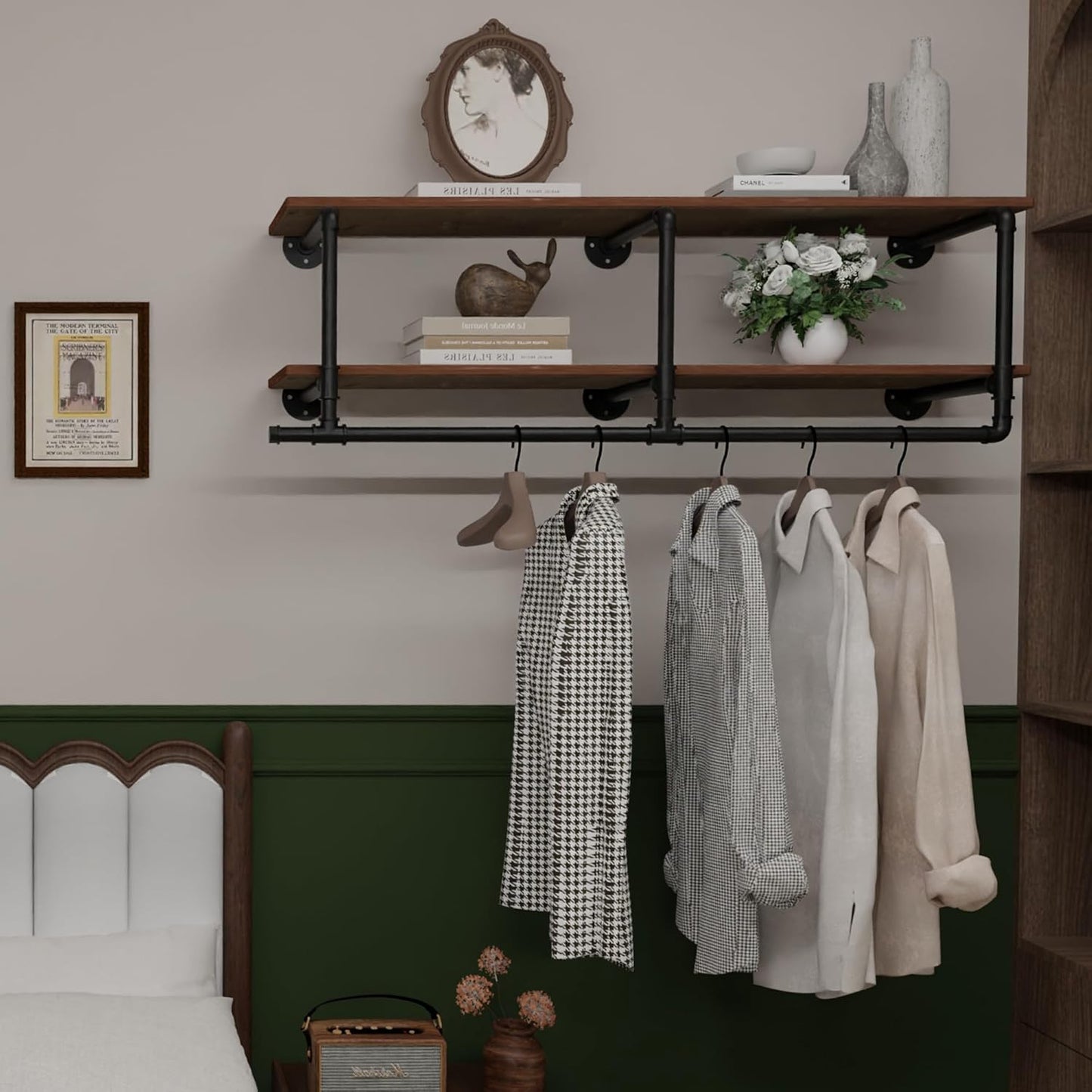 60In Industrial Pipe Clothing Rack with Top Shelf, Space-Saving Wall Mounted Clothes Rack 2 Tiers Pipe Shelves, Shelf with Hanging Rod for Laundry Room, Closet Storage