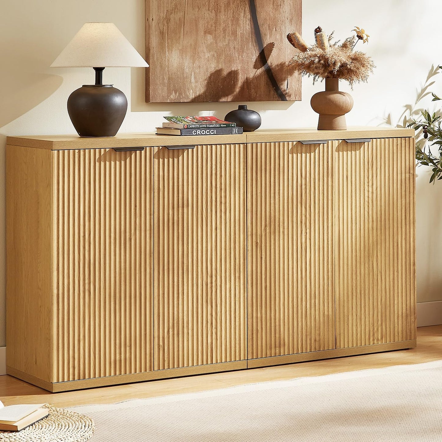 Buffet Cabinet with Storage Accent Sideboard, 96'' Sideboard Fluted Modern Boho Credenza with Door, Mid Century TV Stand, Minimalist Coffee Bar Console Table for Living Room, Dining Room