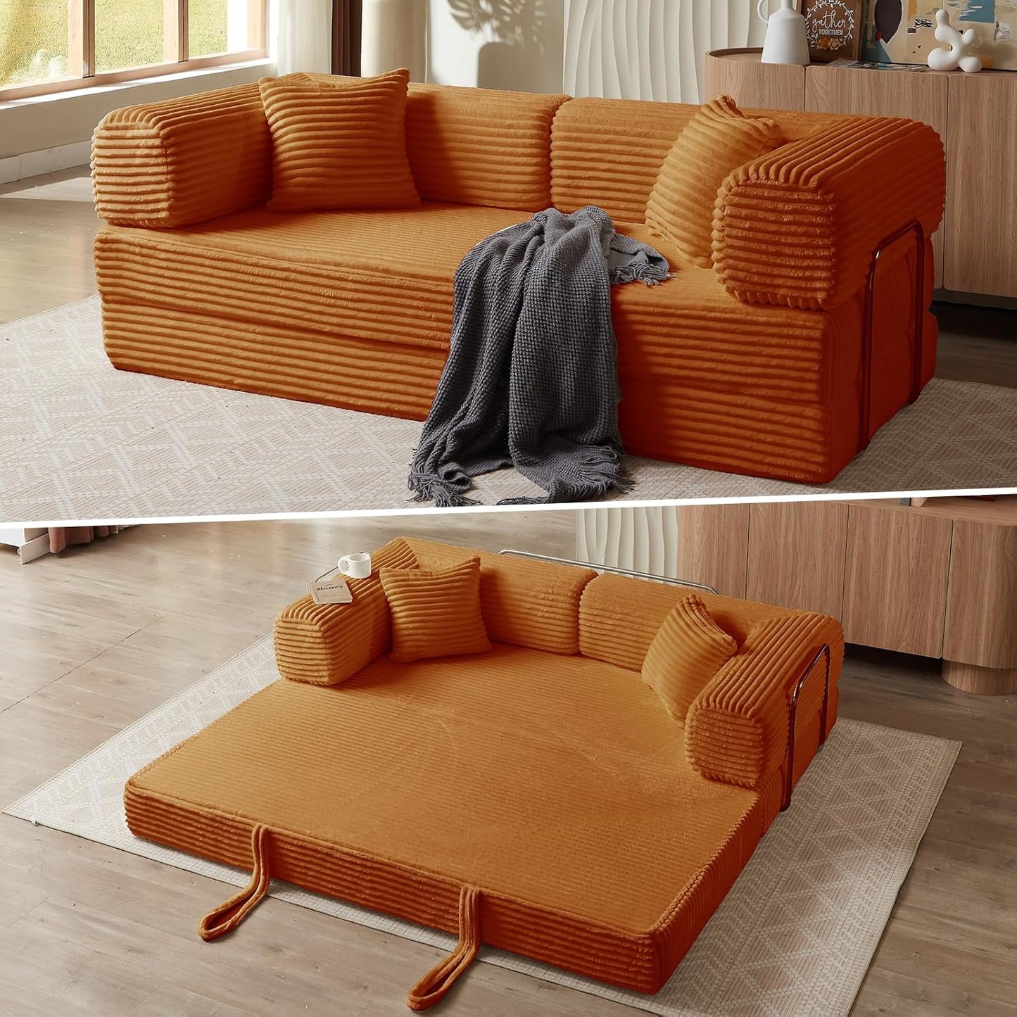 4-in-1 Convertible Folding Sleeper Sofa Bed, Plush Corduroy Foldable Mattress Couch with Fixed-Shape Frame, Floor Compressed Sofa for Living Room, Bedroom (Pink)