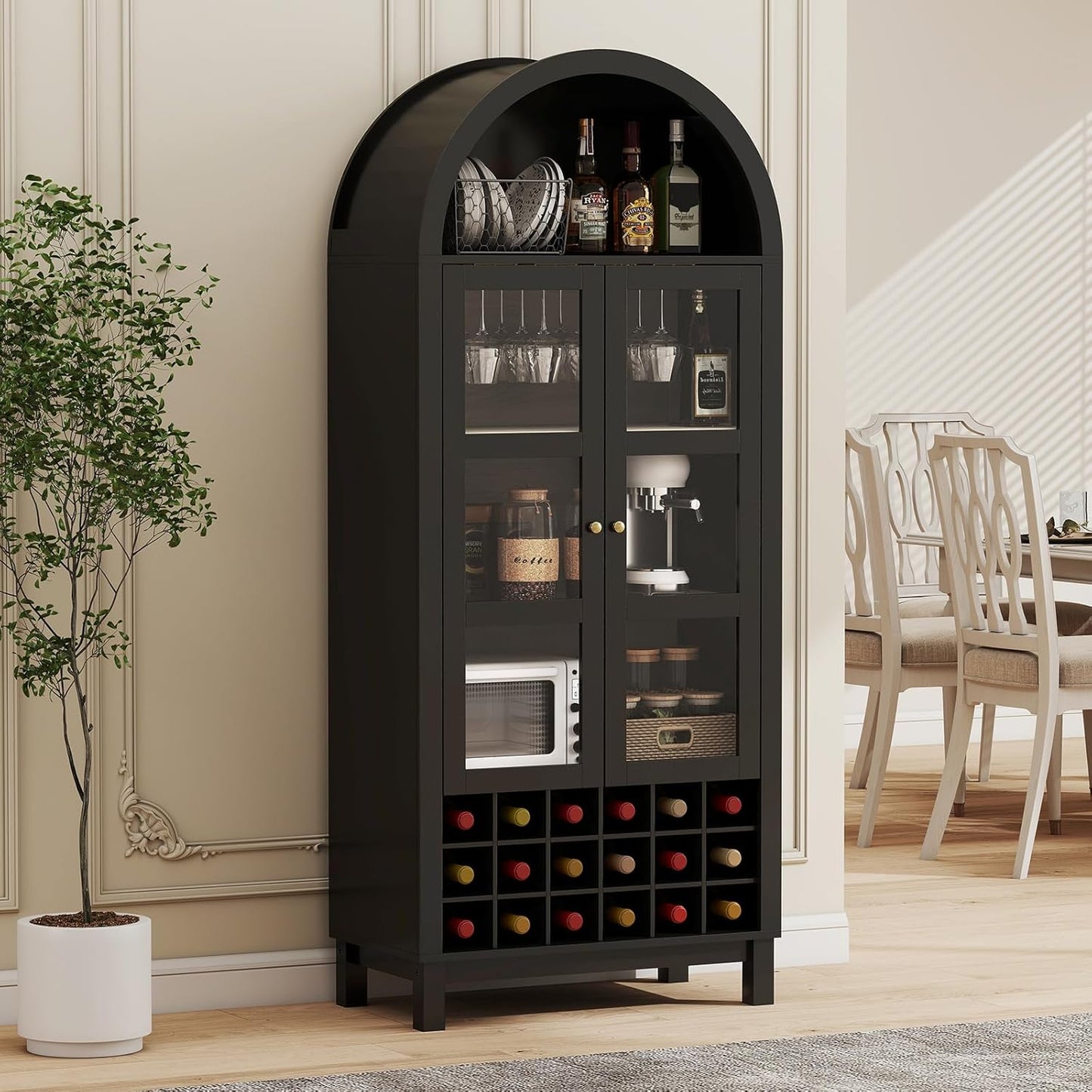 EAG 72" Tall Arched Wine Cabinet with Glass Door, Rustic Coffee Bar Storage Cabinet with Wine Rack, Storage Shelves Large Liquor Cabinet for Dining Room, Kitchen Oak