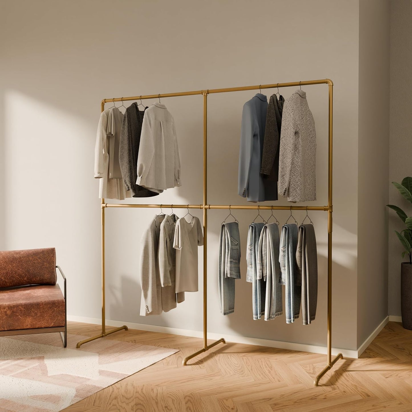 pamo Gold Clothing Rack – 59.84" W x 76.38" H – Industrial Pipe Metal Garment Organizer for Bedroom or Retail – Heavy-Duty Clothes Rack – Easy Assembly