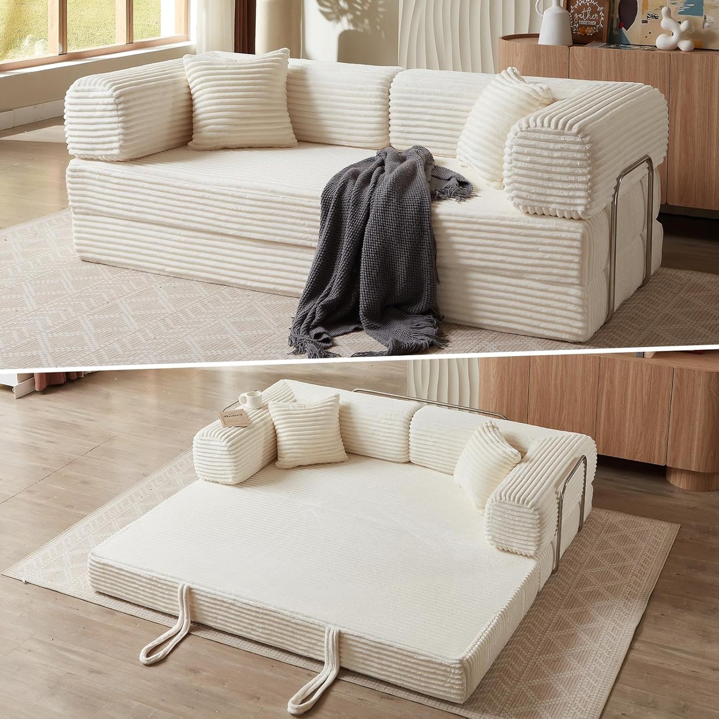 4-in-1 Convertible Folding Sleeper Sofa Bed, Plush Corduroy Foldable Mattress Couch with Fixed-Shape Frame, Floor Compressed Sofa for Living Room, Bedroom (Pink)