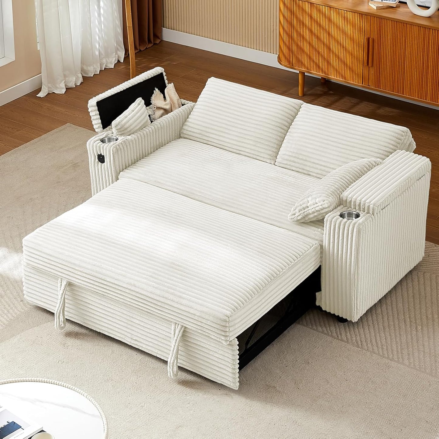 65'' 3-in-1 Folding Convertible Sofa Bed, Pullout Sofa, Modern Chenille Fabric, 360° Swivel Side Table, Easy Assembly, Perfect for Living Room, Black
