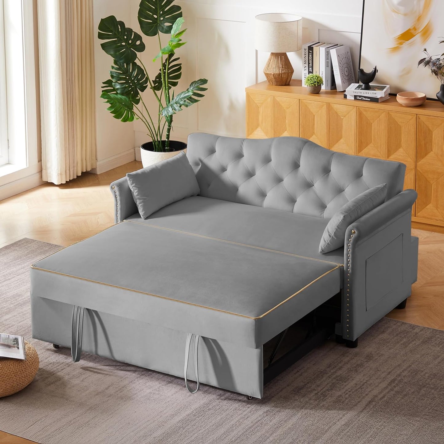 65'' 3-in-1 Folding Convertible Sofa Bed, Pullout Sofa, Modern Chenille Fabric, 360° Swivel Side Table, Easy Assembly, Perfect for Living Room, Black