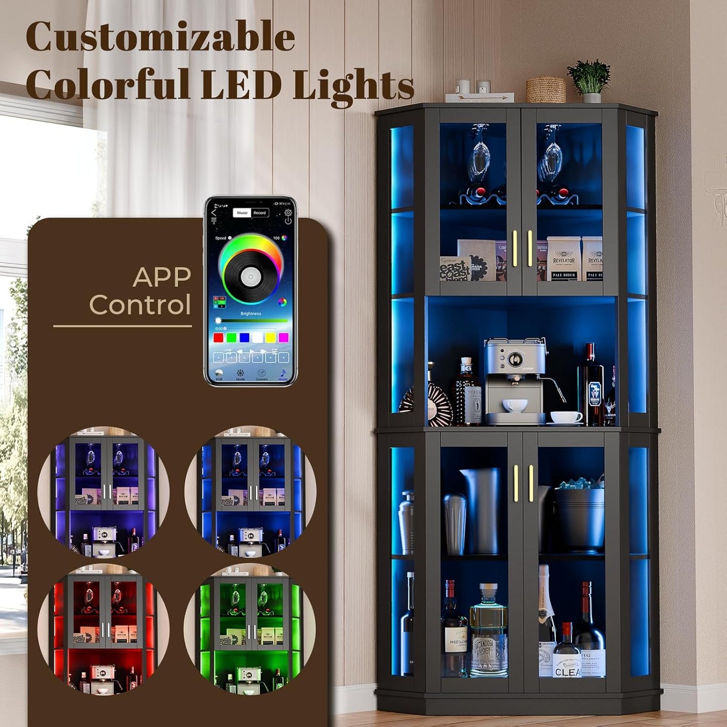 71'' Corner Wine Bar Cabinet with LED Lights,5-Tier Tall Home Liquor Coffee Bar Cabinet W with Tempered Glass Door & Glasses Rack, Alcohol Cabinet Storage Hutch for Kitchen, Living Room, Dining Room