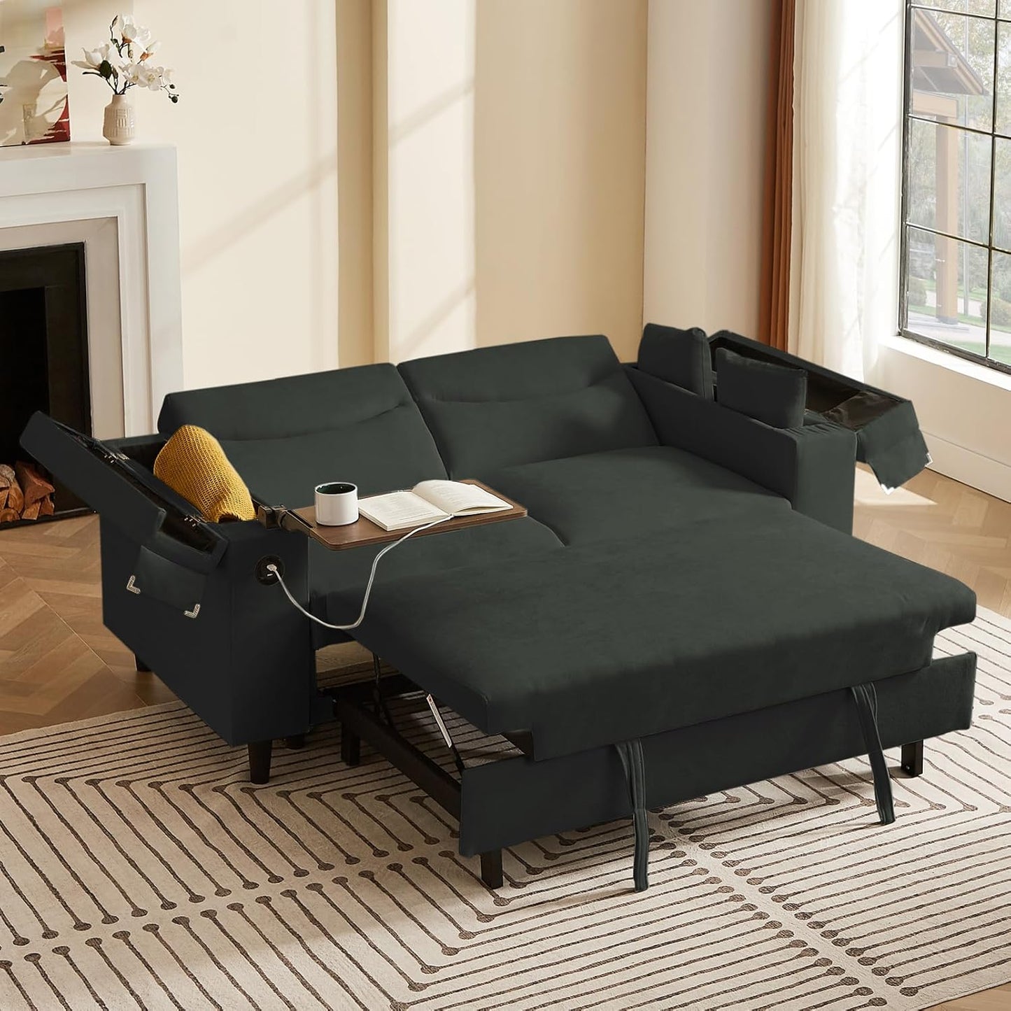 65'' 3-in-1 Folding Convertible Sofa Bed, Pullout Sofa, Modern Chenille Fabric, 360° Swivel Side Table, Easy Assembly, Perfect for Living Room, Black