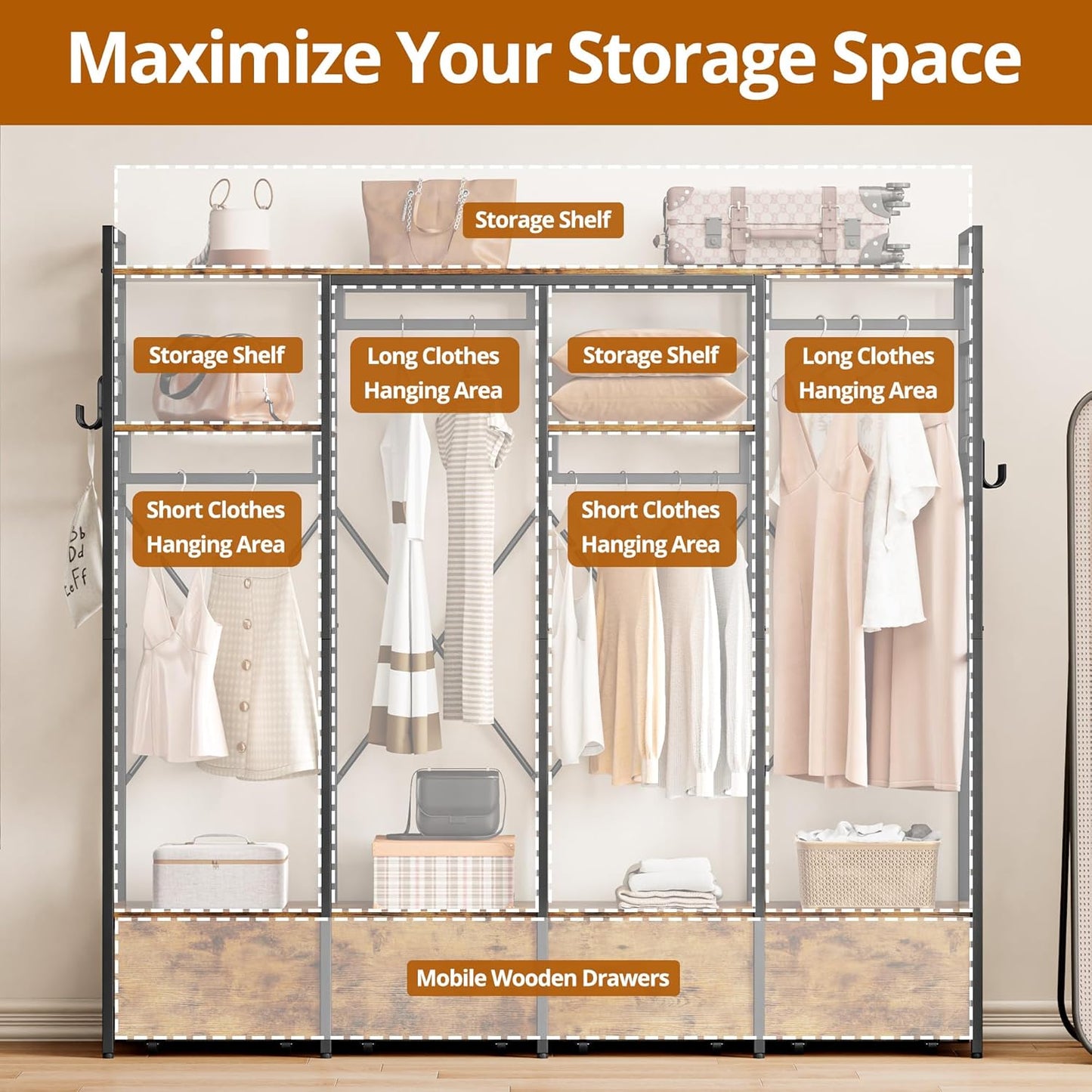 IRONCK Garment Racks and Storage Shelves, Heavy Duty Clothes Rack with 4 Wooden Drawers and Hanging Rods, Freestanding Closet Wardrobe Rack, Vintage Brown