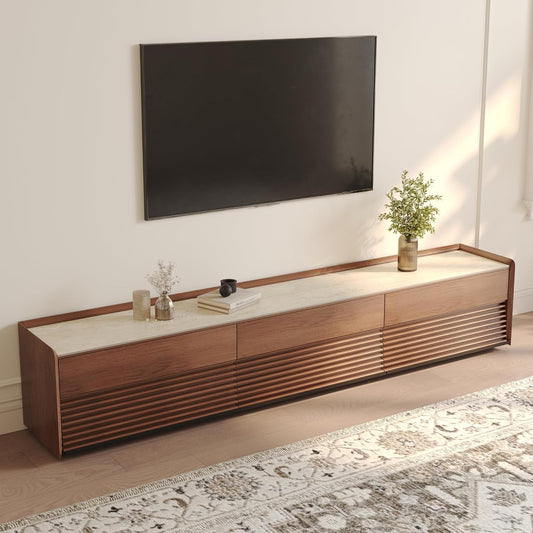 POVISON Fully-Assembled Mid Century Matte Sintered Stone TV Stand, 94.49" Wood Media Console with Adjustable LED Light, Entertainment Center with Storage for Living Room