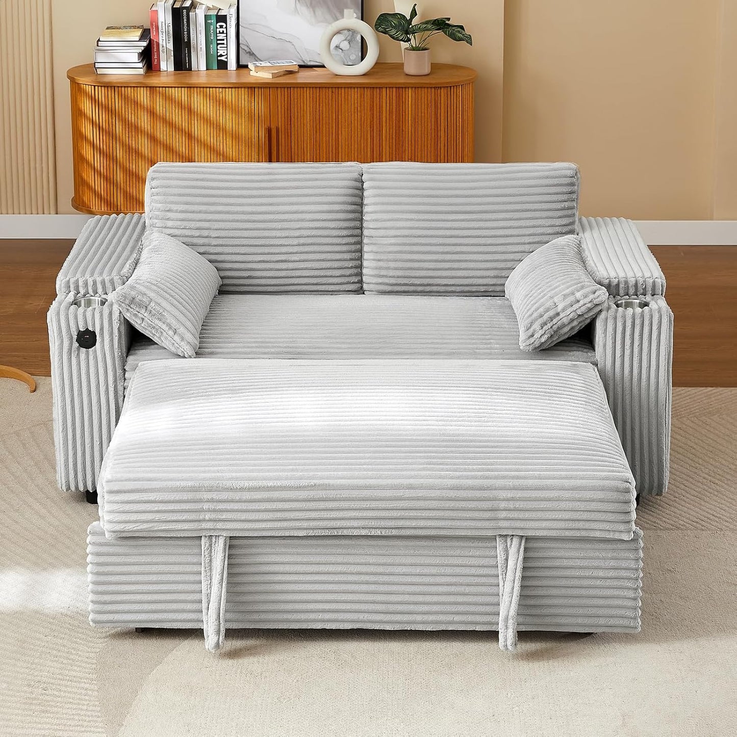 65'' 3-in-1 Folding Convertible Sofa Bed, Pullout Sofa, Modern Chenille Fabric, 360° Swivel Side Table, Easy Assembly, Perfect for Living Room, Black