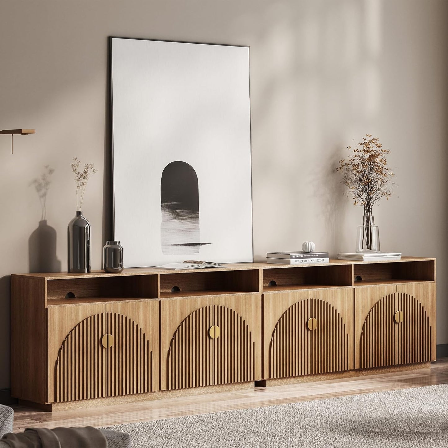 BELLEZE 65 Inch Fluted TV Stand, Mid Century Modern Entertainment Center with Storage Cabinets & Open Shelves, Media Console TV Cabinet with Adjustable Shelves for Living Room, Caramel Brown