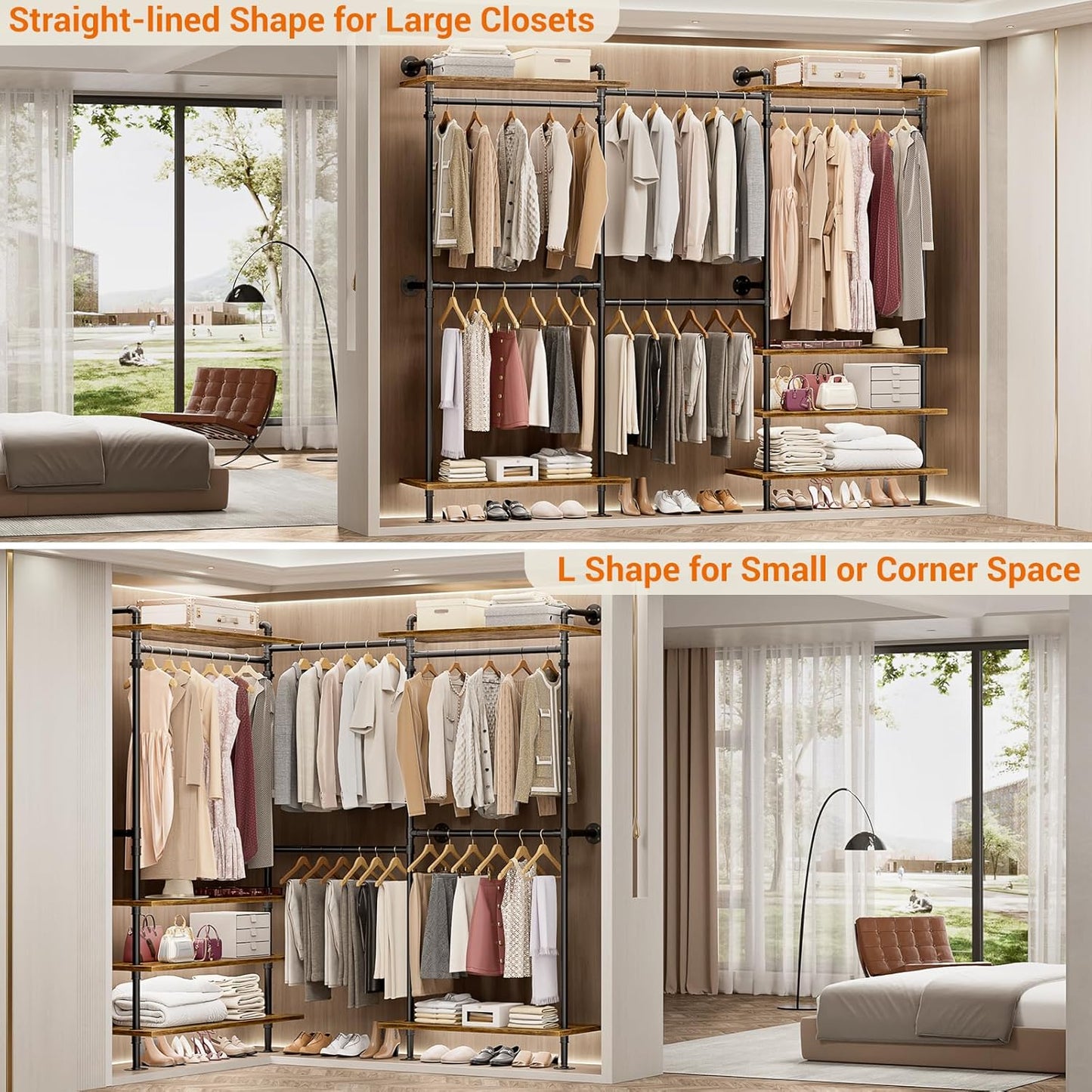 Aheaplus Industrial Pipe Clothing Rack, Expandable Garment Rack, Closet System with Wood Shelves for Hanging,Wall Mounted Clothing Rack, Adjustable Storage Wardrobe for Walk in Closets, Rustic Brown