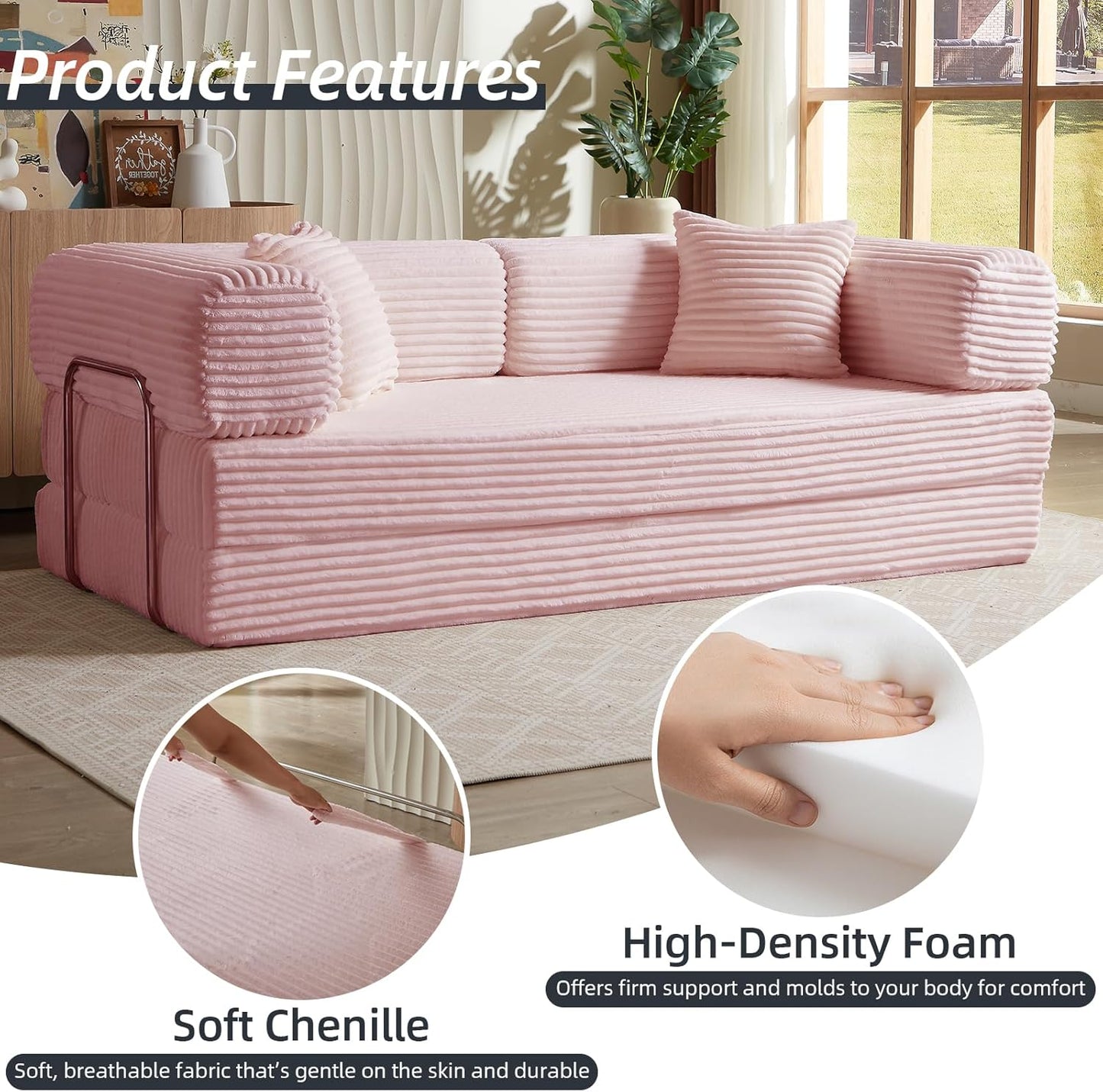 4-in-1 Convertible Folding Sleeper Sofa Bed, Plush Corduroy Foldable Mattress Couch with Fixed-Shape Frame, Floor Compressed Sofa for Living Room, Bedroom (Pink)