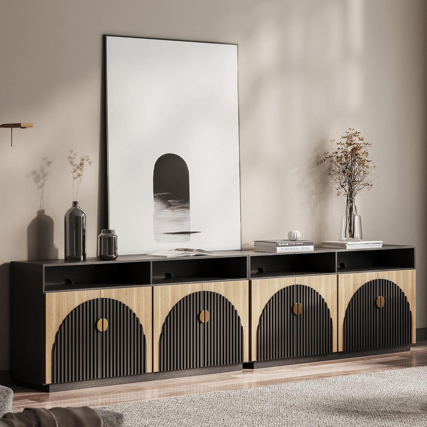 BELLEZE 65 Inch Fluted TV Stand, Mid Century Modern Entertainment Center with Storage Cabinets & Open Shelves, Media Console TV Cabinet with Adjustable Shelves for Living Room, Caramel Brown