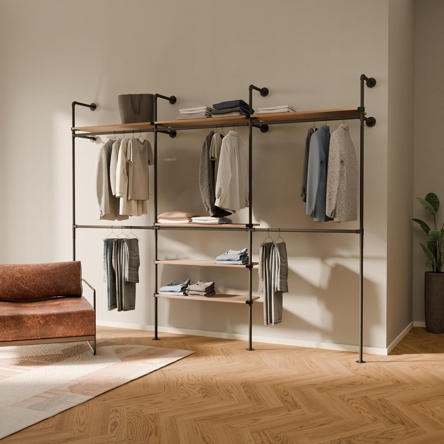 pamo Industrial Pipe Clothing Rack – Wall Mounted Black Closet System in Powder-Coated Steel – 116.54" W × 87.4" H – Easy Setup – Ideal for Walk-In Closets & Retail Use
