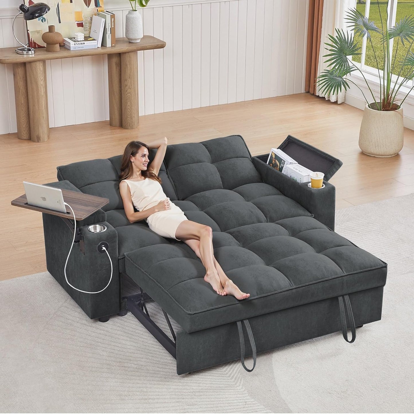65'' 3-in-1 Folding Convertible Sofa Bed, Pullout Sofa, Modern Chenille Fabric, 360° Swivel Side Table, Easy Assembly, Perfect for Living Room, Black
