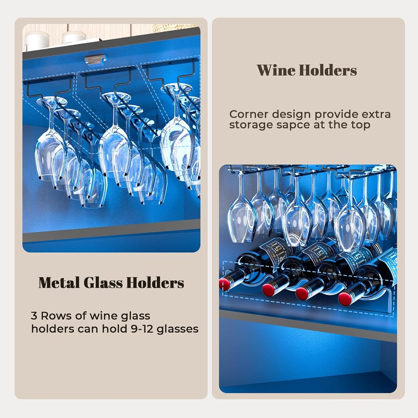 71'' Corner Wine Bar Cabinet with LED Lights,5-Tier Tall Home Liquor Coffee Bar Cabinet W with Tempered Glass Door & Glasses Rack, Alcohol Cabinet Storage Hutch for Kitchen, Living Room, Dining Room