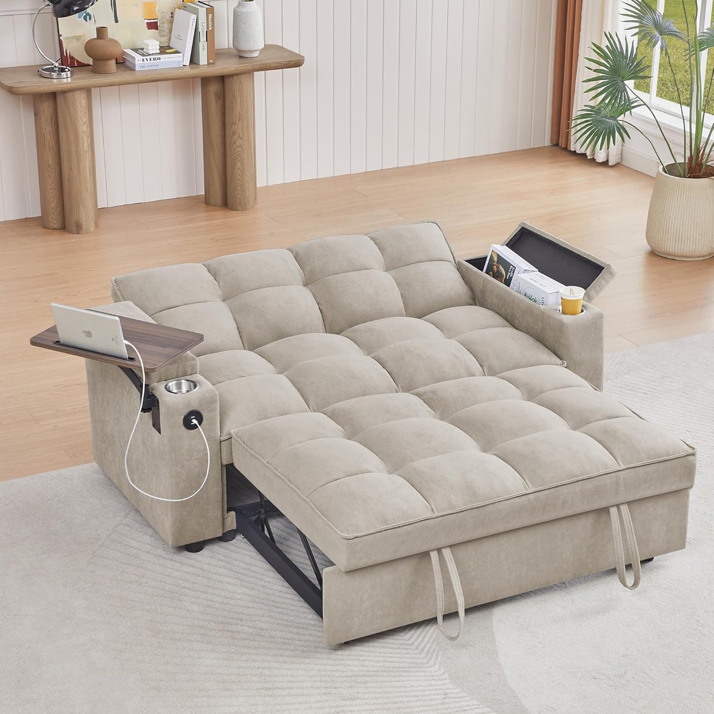 65'' 3-in-1 Folding Convertible Sofa Bed, Pullout Sofa, Modern Chenille Fabric, 360° Swivel Side Table, Easy Assembly, Perfect for Living Room, Black