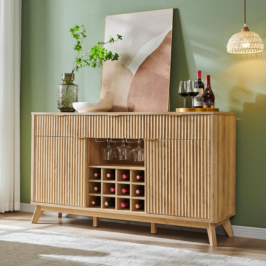 OKD 60" Fluted Buffet Cabinet with Storage - 3 Drawers and 2 Doors, Mordern Wine & Coffee Bar Cabinet with Wine and Glass Racks, Sideboard with Adjustable Shelves for Kitchen, Dining Room,Natural Oak