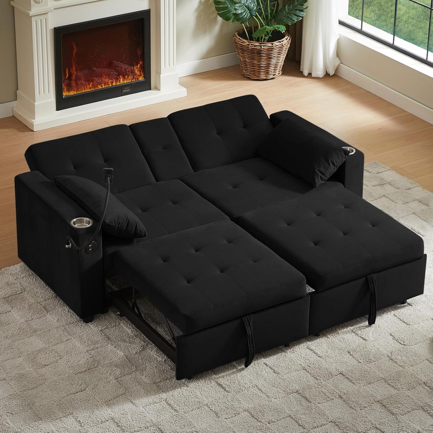 65'' 3-in-1 Folding Convertible Sofa Bed, Pullout Sofa, Modern Chenille Fabric, 360° Swivel Side Table, Easy Assembly, Perfect for Living Room, Black