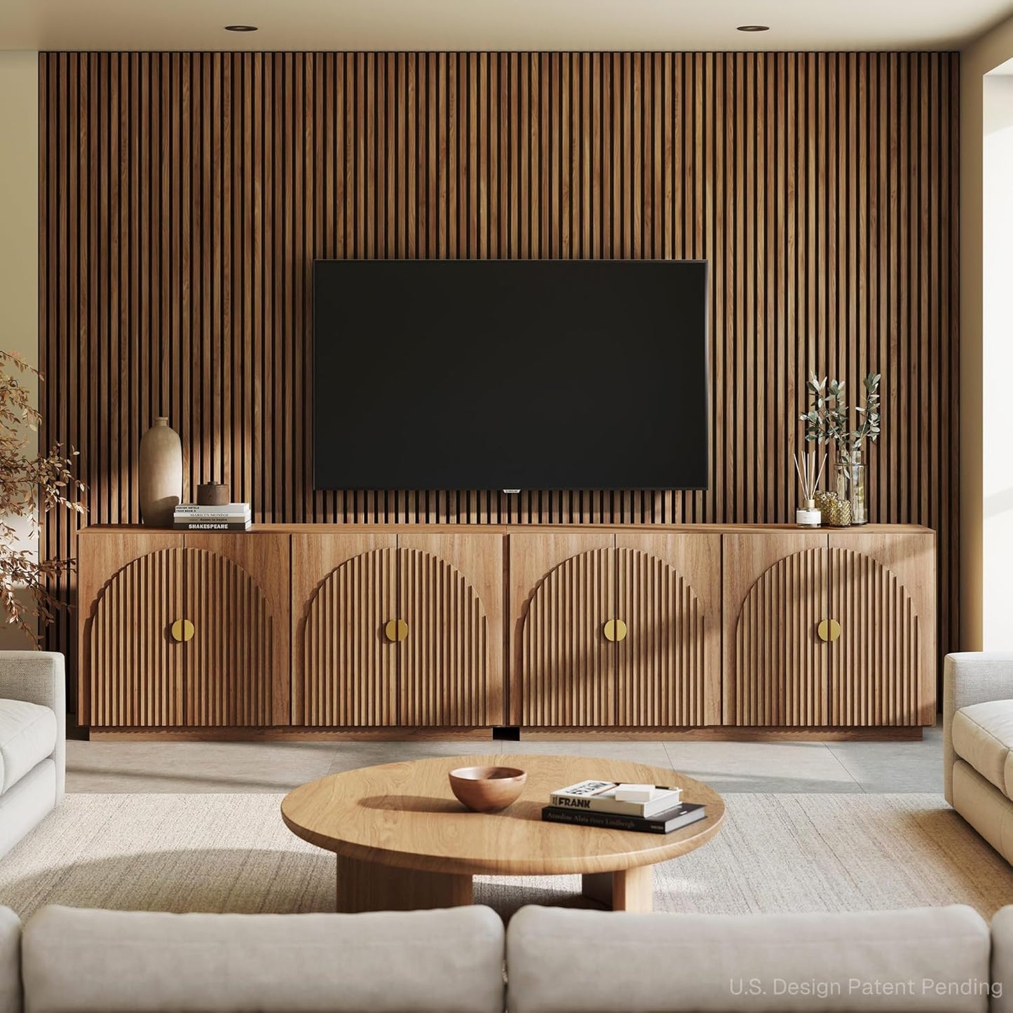 BELLEZE 65 Inch Fluted TV Stand, Mid Century Modern Entertainment Center with Storage Cabinets & Open Shelves, Media Console TV Cabinet with Adjustable Shelves for Living Room, Caramel Brown