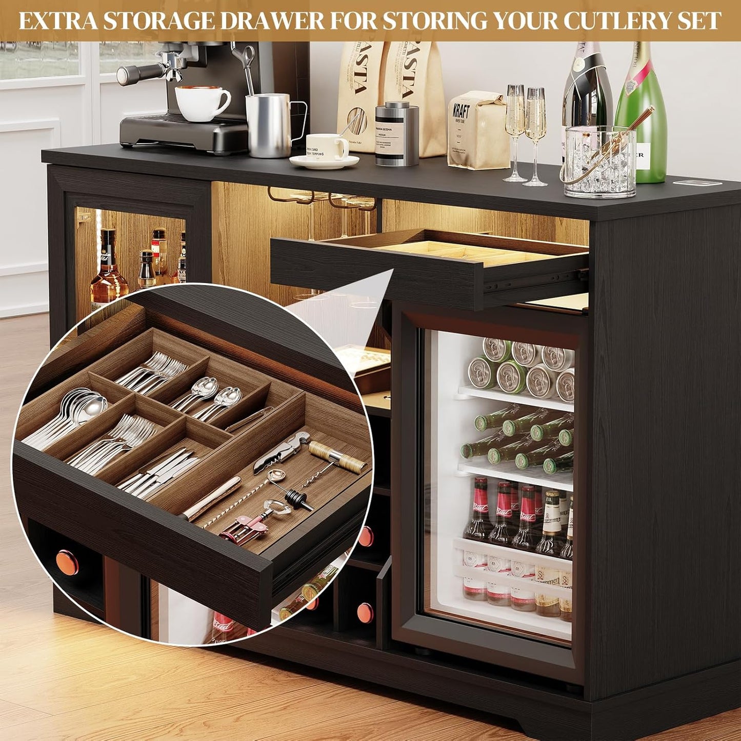 Wine Bar Cabinet with Fridge (Included), Liquor Coffee Cabinet with LED Lights & Rack, Mini Fridge Cabinet with Storage, Human Body Sensor, Sideboard Buffet for Kitchen Dining Room, Black